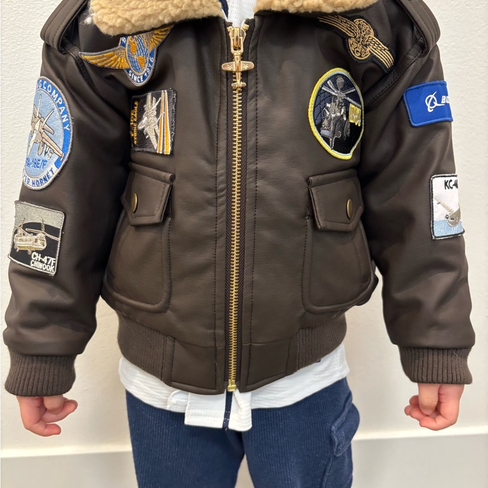 Brown Leather Bomber Jacket with Shearling Collar and Aviation Patches
